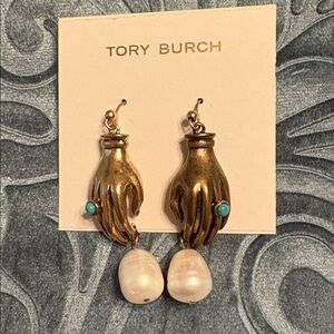 NWOT UNIQUE Authentic Tory Burch Brass Hand & Pearl Earrings w/Pop of Turquoise
